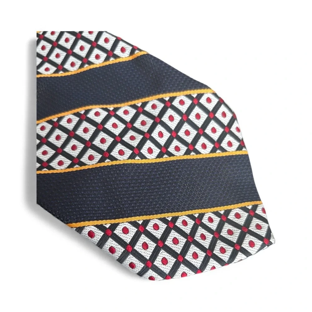 Men's Geometric Striped‎ Necktie — Navy, Red & Gold — 57